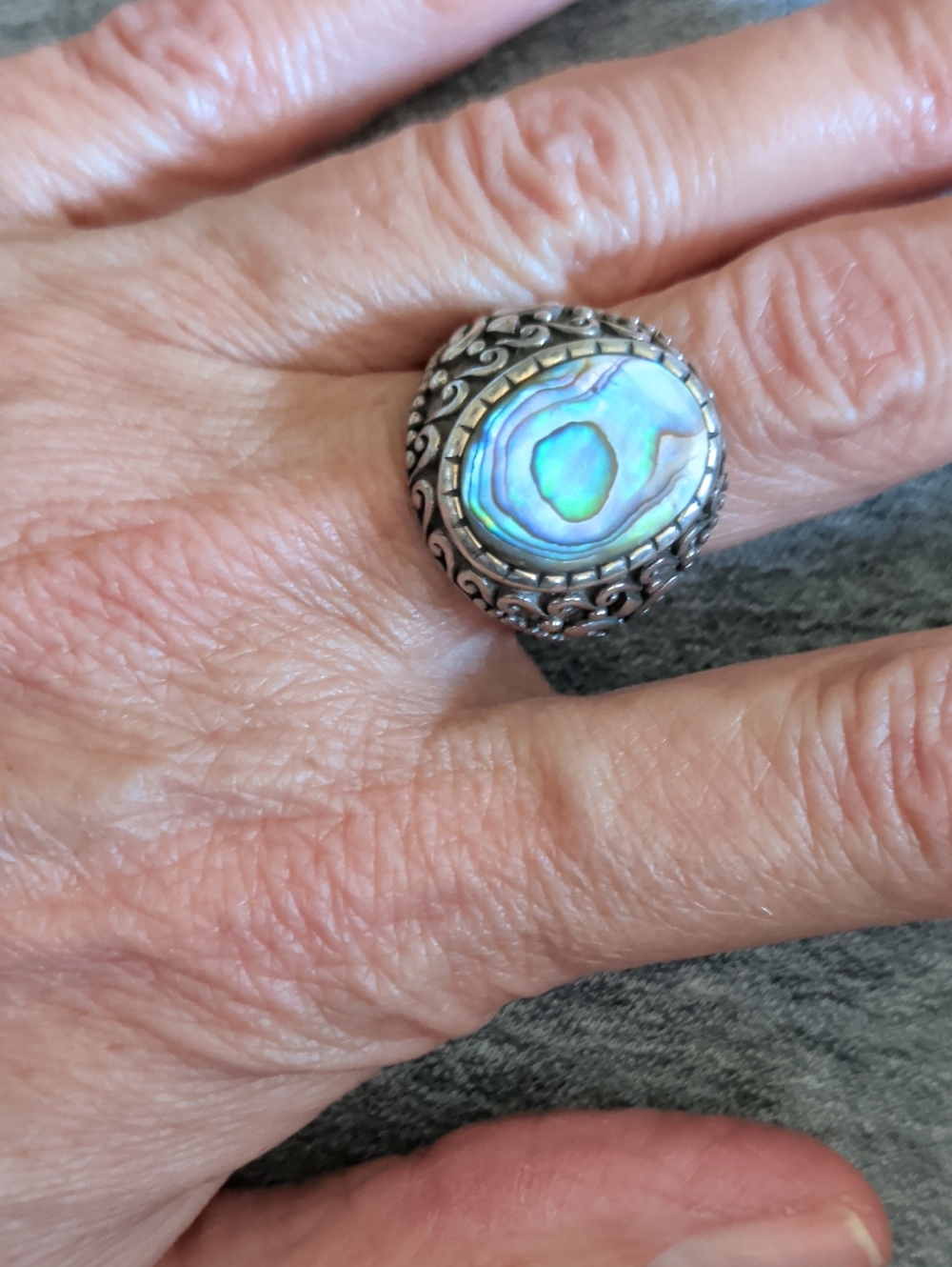 Sterling Silver Abalone Statement Ring - Iridescent Blue-Green